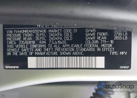 2017 Volvo Xc60 T5 Inscription z USA, uszkodzony, nr VIN YV440MRU4H2001406